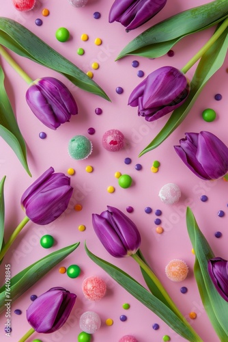 purple tulips,green leaves and colorful candies on light pink background, flat lay top view