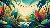 Hello Summer Design Concept, Summer Panorama, Abstract Illustration with Exotic Jungle Leaves
