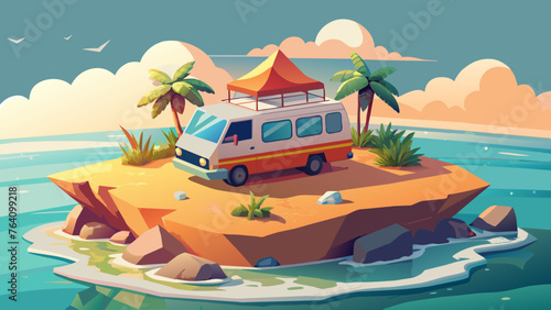 Mini van parking on a beach island, beach vacation concept 