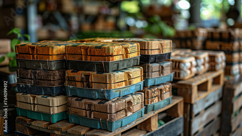 A stack of old bricks with a variety of colors