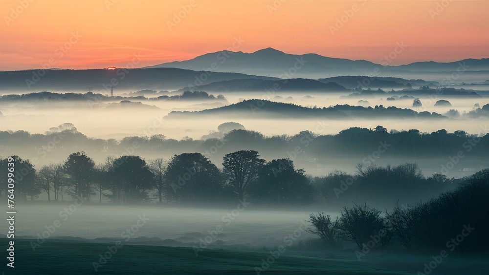 Soft mist envelops the landscape in a tranquil morning haze