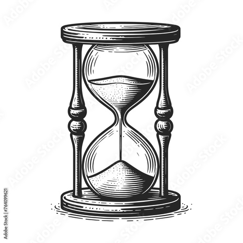 Vintage hourglass, symbolizing time and transformation sketch engraving generative ai vector illustration. Scratch board imitation. Black and white image.