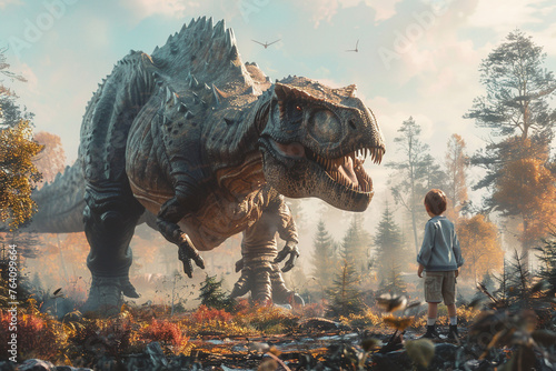A child in VR glasses experiences a close encounter with a T-Rex, set in a fantasy realm