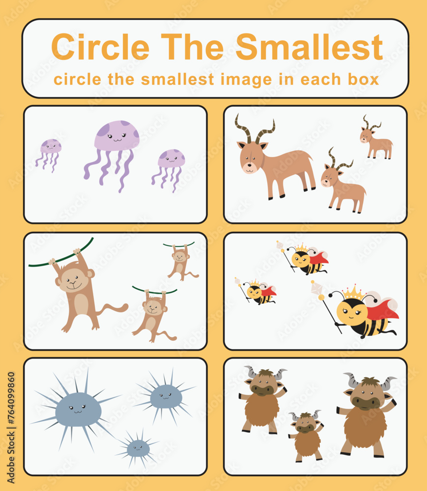 Circle the smallest worksheet. Learning about comparison. Printable activity page for kids. Educational children game Circle the smallest worksheet. Learning about comparison. Printable activity page for kids. Educational children game