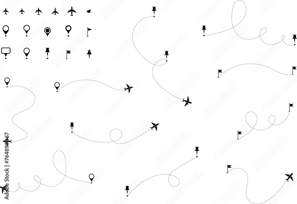 Airplane line path vector icon of air plane flight route with start point and dash line trace - vector illustration Airplane line path vector icon of air plane flight route with start point and dash line trace - vector illustration