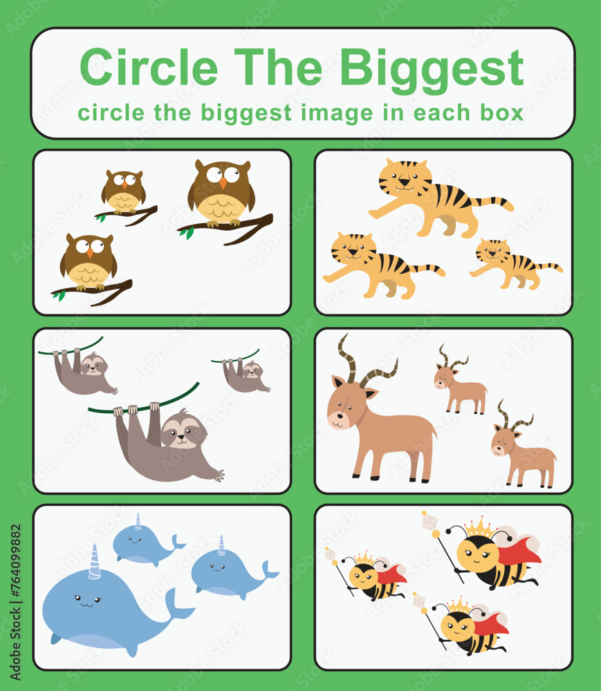 Fototapeta premium Circle the bigger worksheet. Learning about comparison. Printable activity page for kids. Educational children game