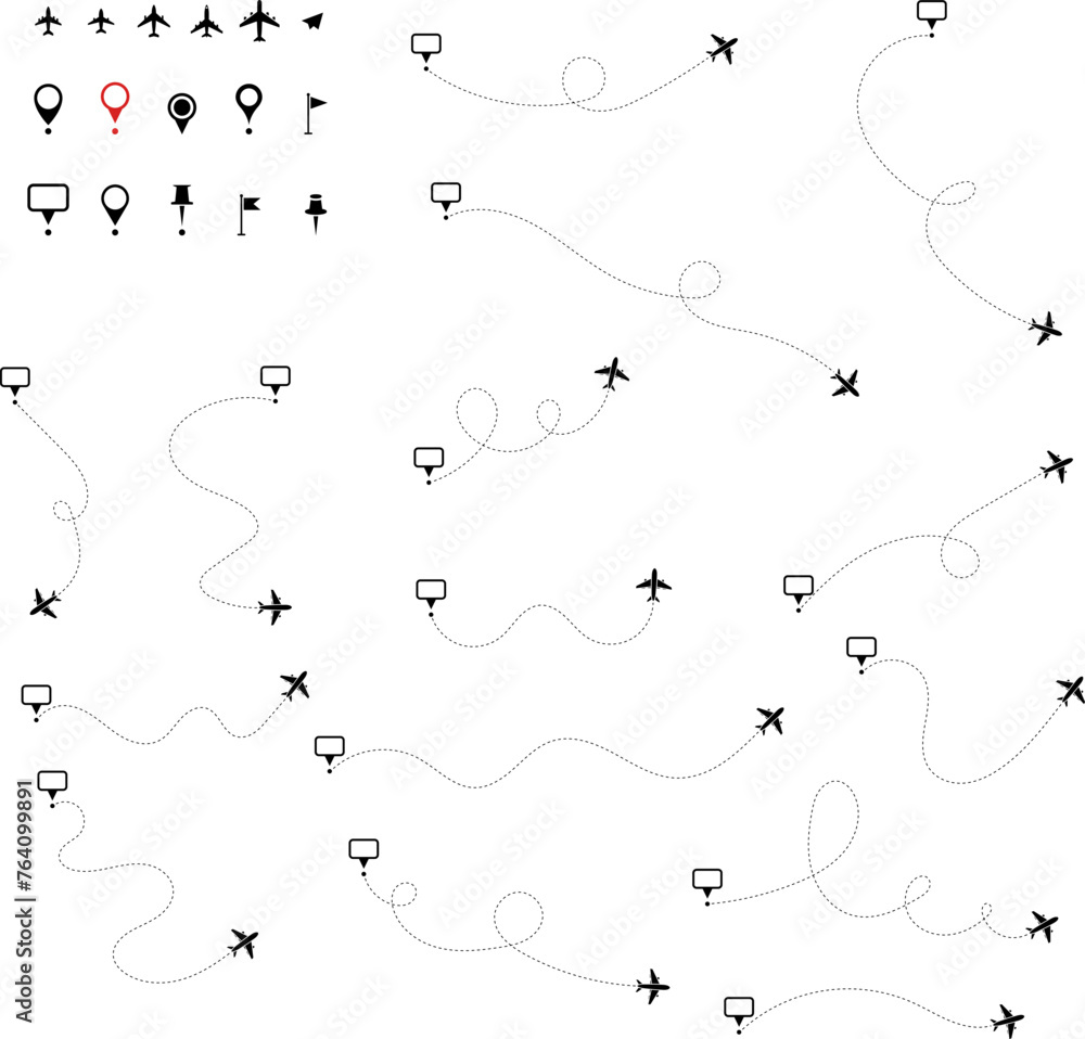 Airplane line path vector icon of air plane flight route with start point and dash line trace - vector illustration Airplane line path vector icon of air plane flight route with start point and dash line trace - vector illustration