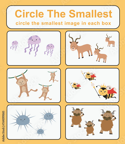 Fototapeta Naklejka Na Ścianę i Meble -  Circle the smallest worksheet. Learning about comparison. Printable activity page for kids. Educational children game