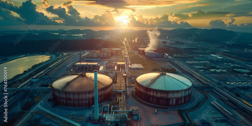 An innovative LNG storage tank in a vast industrial complex landscape. Concept Industrial Architecture, LNG Storage, Innovation in Design, Vast Landscape, Complex Structures