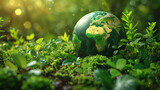 A green globe is sitting on a bed of green grass