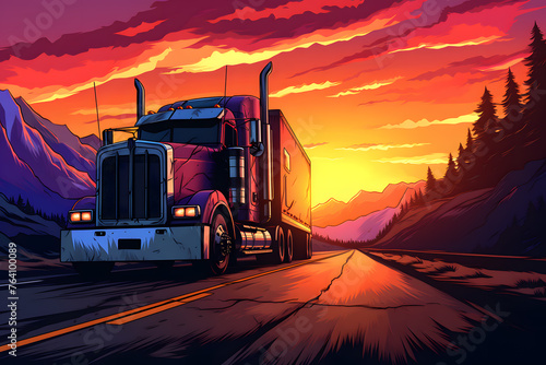 Illustration of an American semi truck on the road, colorful sky with mountains in the background