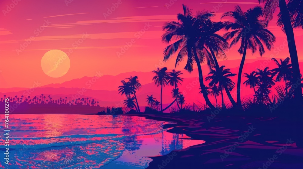 Tropical beach at sunset with palm trees