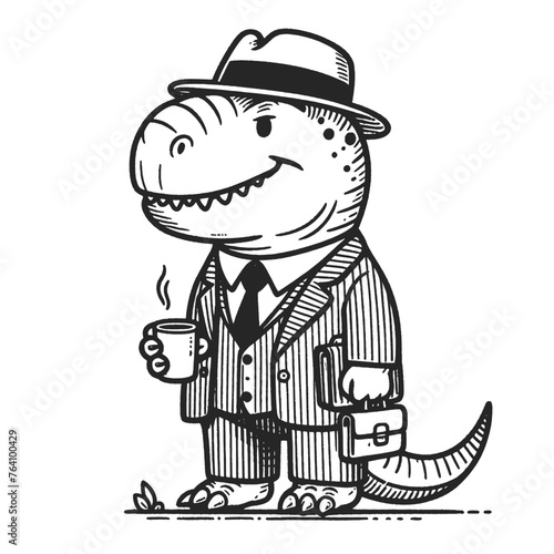 dapper dinosaur wearing a suit and a bowler hat, exuding charm and character sketch engraving generative ai fictional character vector illustration. Scratch board imitation. Black and white image.