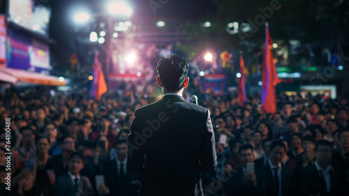 Back view of Asian candidate giving election campaign speech in front of crowd © 수동 김