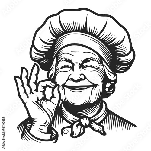 joyful elderly chef woman smiling and giving a perfect taste approval sign with her hand sketch engraving generative ai fictional character vector illustration. Black and white image.