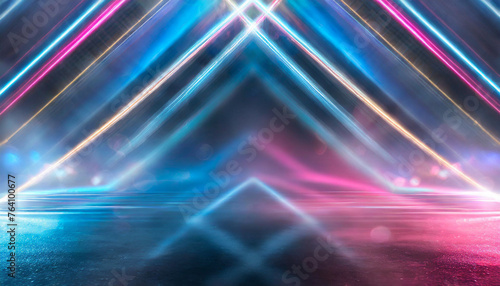 Dark neon surface with lines and rays. Blue and pink neon, abstract, background. Night scene with neon, light reflection. Neon lines, shapes. Multi-colored glowing blurry lights. Banner, copy space.