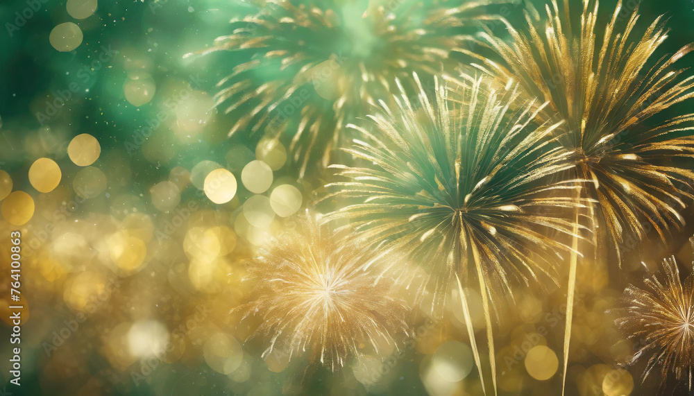 Vintage gold and green Fireworks and bokeh in New Year eve. Abstract background holiday. concept, happy christmas, greeting card. copy space.