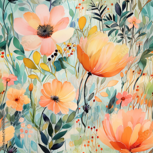 Delicate botanical watercolor in pastel shades. Seamless file. 
