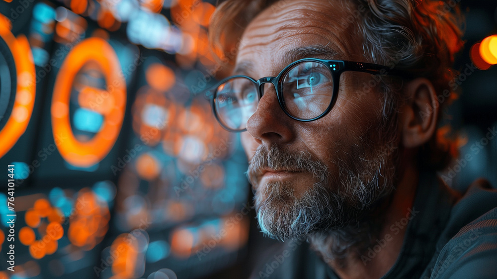 A man with glasses is looking at a computer screen with a lot of numbers A man with glasses is looking at a computer screen with a lot of numbers
