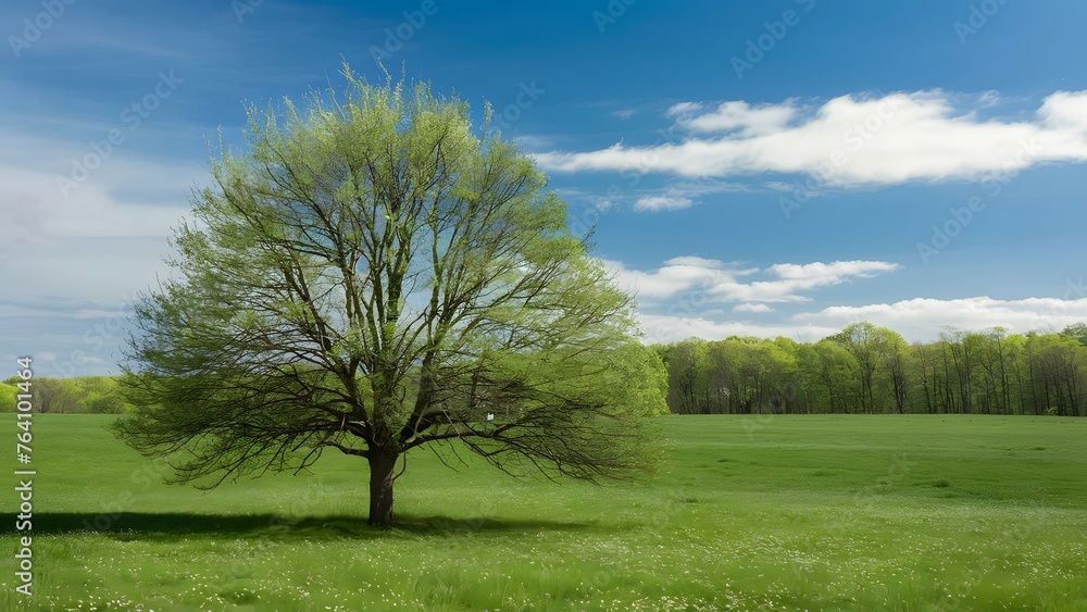 Springtime scene features a flourishing tree in a verdant pasture Springtime scene features a flourishing tree in a verdant pasture