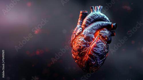 A high-resolution realistic 3D rendering of the human heart isolated on a dark background, perfect for medical and educational use.