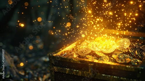 Bright yellow beams emanating from a treasure box casting bitcoins in a golden enticing glow