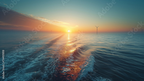 The sun is setting over the ocean, casting a warm glow on the water photo