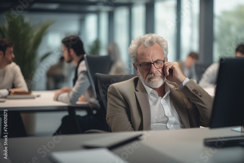 An elderly man dozed off at his workplace in the office.