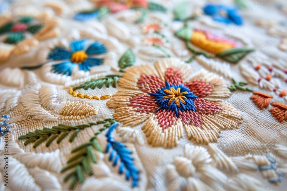 A close-up of vibrant multi-colored slovak floral embroidery A close-up of vibrant multi-colored slovak floral embroidery