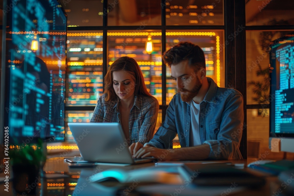 A man and woman work closely, analyzing data on a laptop in a workspace alive with the dynamic energy of illuminated server racks. A man and woman work closely, analyzing data on a laptop in a workspace alive with the dynamic energy of illuminated server racks.