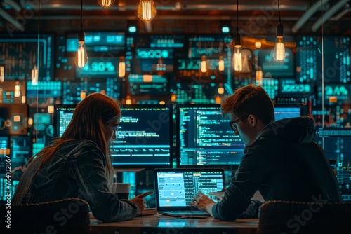 Two young tech enthusiasts are immersed in coding on their laptops in a cyber cafe bathed in the neon blue glow of data screens.