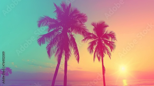 Tropical beach at sunset with palm trees © artbot