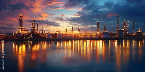 A dynamic photo captures a bustling industrial port during the evening. Concept Industrial Port, Evening Shot, Dynamic Scene, Urban Landscape, Busy Environment