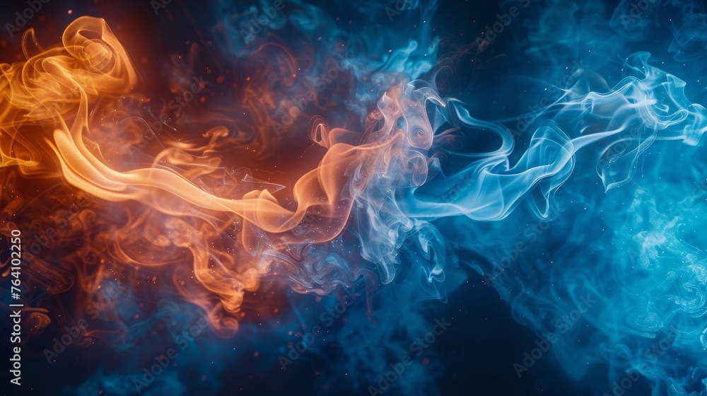 An abstract image capturing the mesmerizing dance of blue and orange smoke, creating a visually stunning ethereal effect.