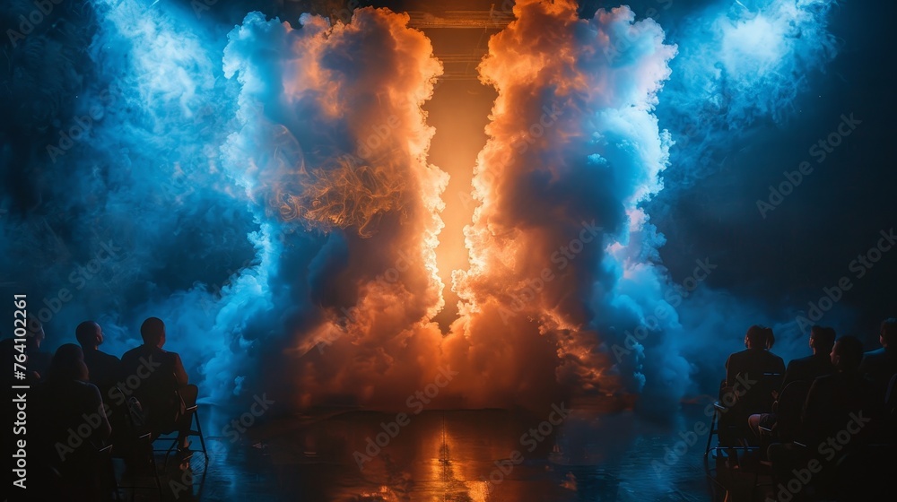 An audience is captivated by a theatrical performance where swirling blue and orange fog clashes dramatically in the limelight.