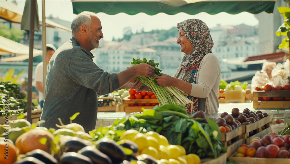 Obraz premium A man and a woman, both seniors, stand in front of a colorful fruit and vegetable stand at a market.