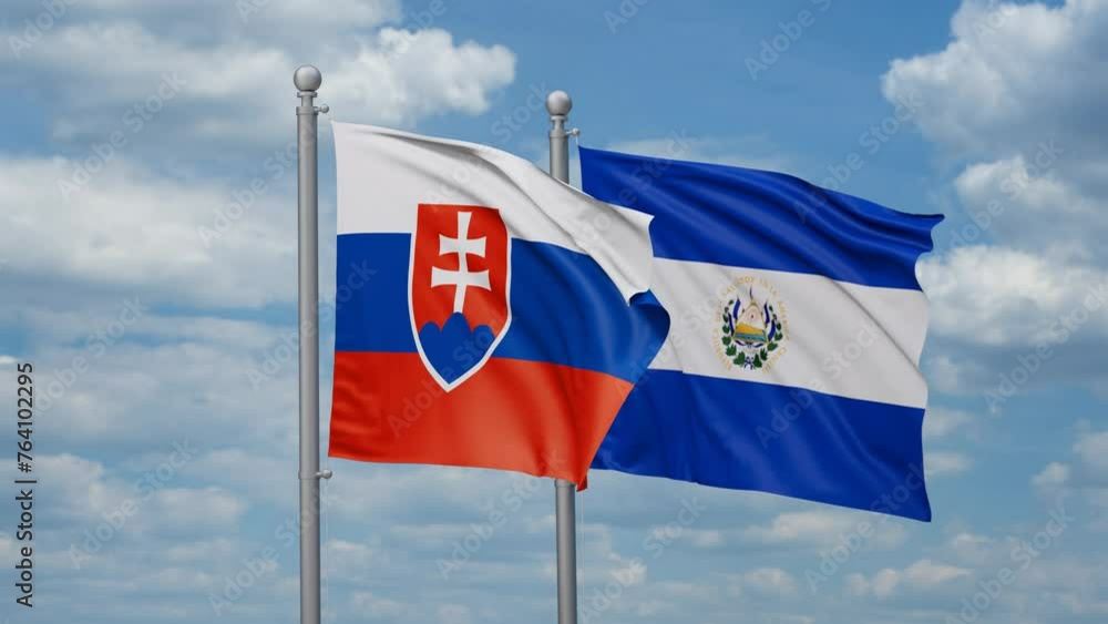 Republic of El Salvador and Slovakia two flags waving together, looped video, two country cooperation concept Republic of El Salvador and Slovakia two flags waving together, looped video, two country cooperation concept