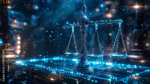 The scales of justice stand out with a cyberpunk aesthetic, glowing amidst the rain in a neon-lit cityscape, symbolizing futuristic law and order.