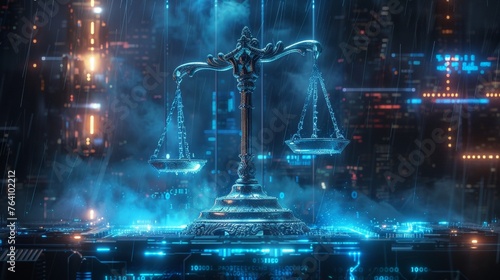 The scales of justice stand out with a cyberpunk aesthetic, glowing amidst the rain in a neon-lit cityscape, symbolizing futuristic law and order.