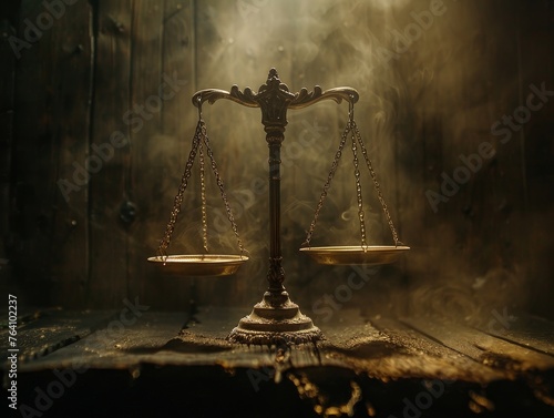 The time-honored scales of justice, enveloped by a mystical fog, evoke a sense of timelessness and the ancient roots of law and fairness.