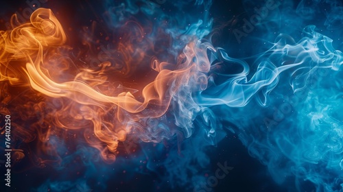 An abstract image capturing the mesmerizing dance of blue and orange smoke, creating a visually stunning ethereal effect.