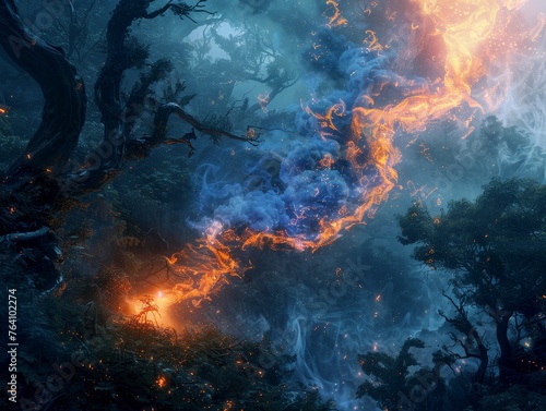 An audience is captivated by a theatrical performance where swirling blue and orange fog clashes dramatically in the limelight.