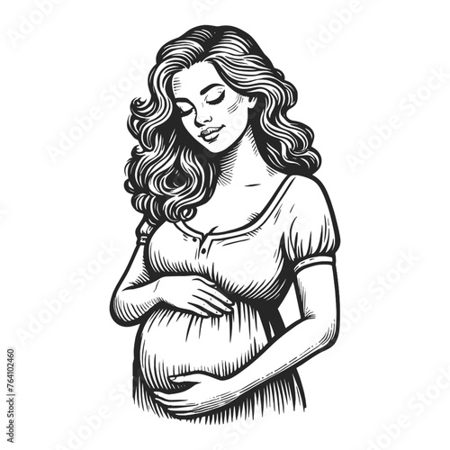 Serene happy pregnant woman cradling her belly, with hair flowing in the wind sketch engraving generative ai fictional character vector illustration. Scratch board imitation. Black and white image.