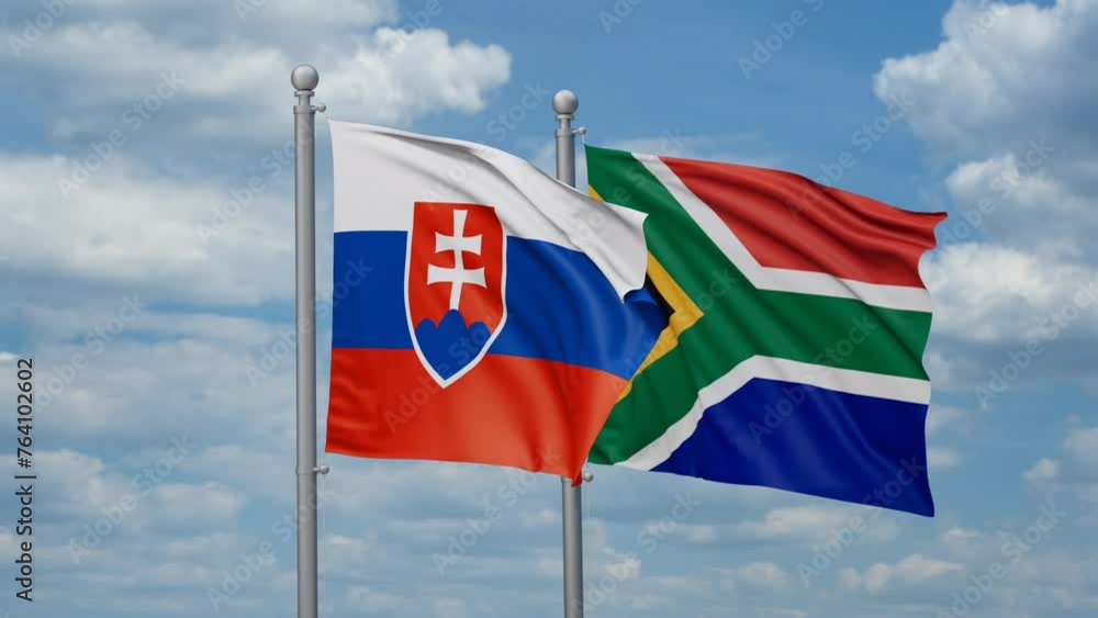 Republic of South Africa and Slovakia two flags waving together, looped video, two country cooperation concept Republic of South Africa and Slovakia two flags waving together, looped video, two country cooperation concept