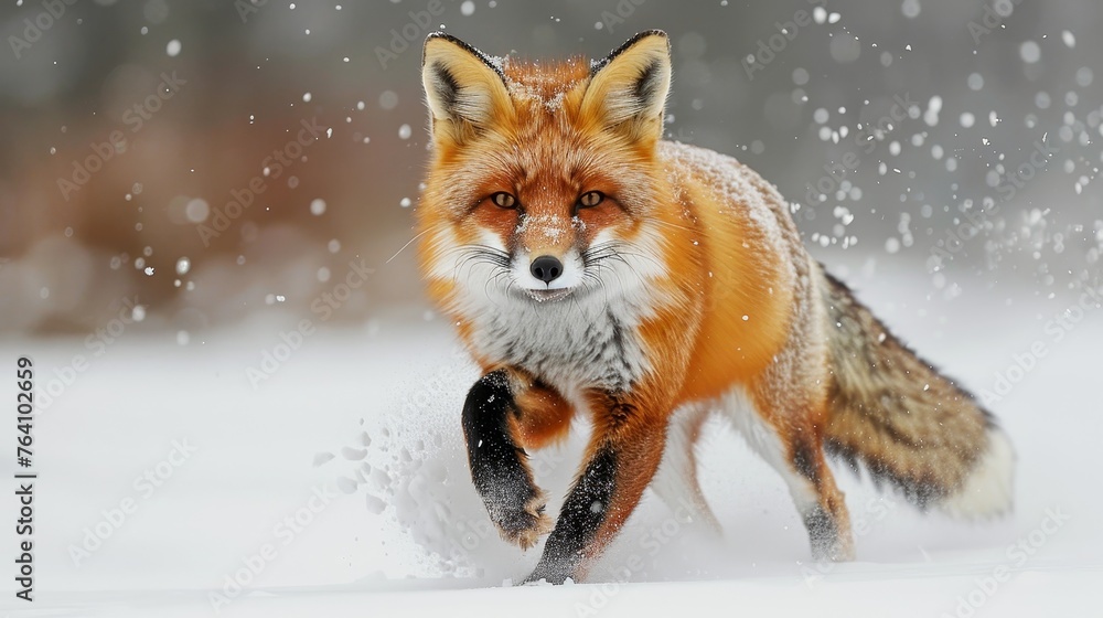 A serene red fox sits amidst a gentle snowfall, its fur dusted with fresh snowflakes, against a soft, wintry background. A serene red fox sits amidst a gentle snowfall, its fur dusted with fresh snowflakes, against a soft, wintry background.