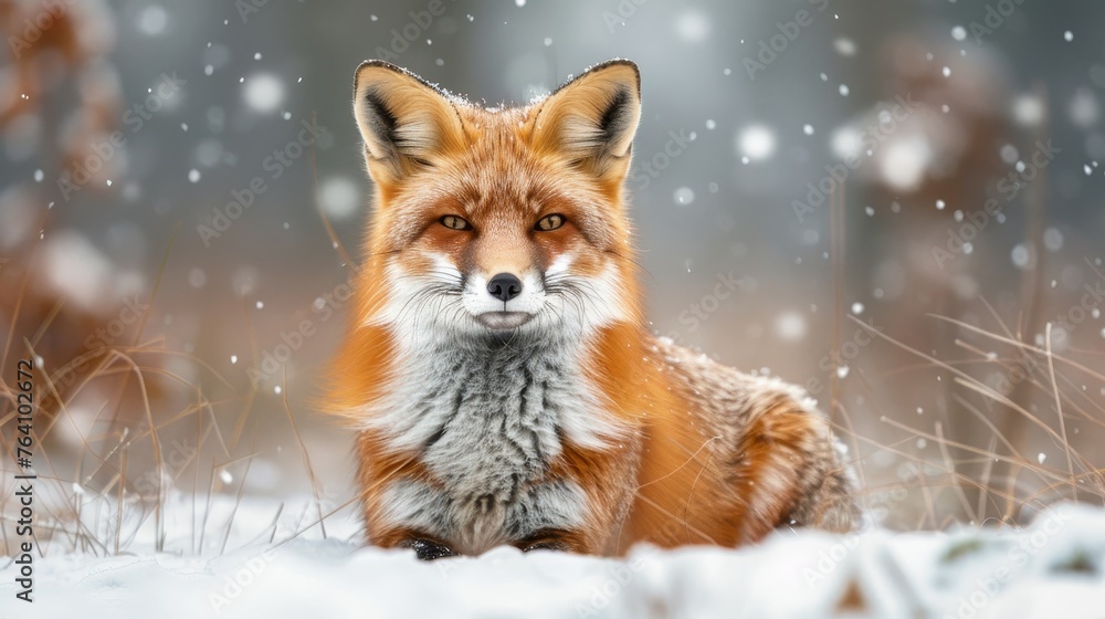 Fototapeta premium A serene red fox sits amidst a gentle snowfall, its fur dusted with fresh snowflakes, against a soft, wintry background.