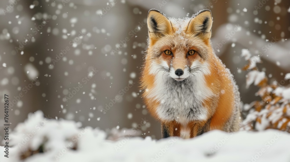 Obraz premium A serene red fox sits amidst a gentle snowfall, its fur dusted with fresh snowflakes, against a soft, wintry background.