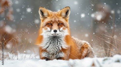 A serene red fox sits amidst a gentle snowfall  its fur dusted with fresh snowflakes  against a soft  wintry background.