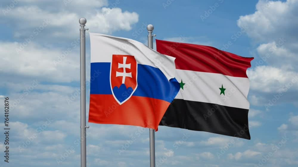 Syrian Arab Republic, Syria and Slovakia two flags waving together, looped video, two country cooperation concept Syrian Arab Republic, Syria and Slovakia two flags waving together, looped video, two country cooperation concept