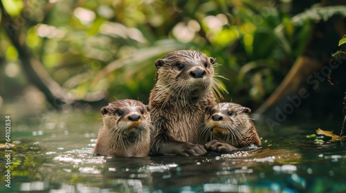 An endearing scene of a mother otter with her cubs in a verdant wetland, their wet fur glistening as they huddle together in the water. © Riz